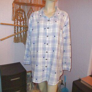 Embroidered Flannel Top Size 26 28 Purple Lilacs Tunic Button Cottagecore Granny